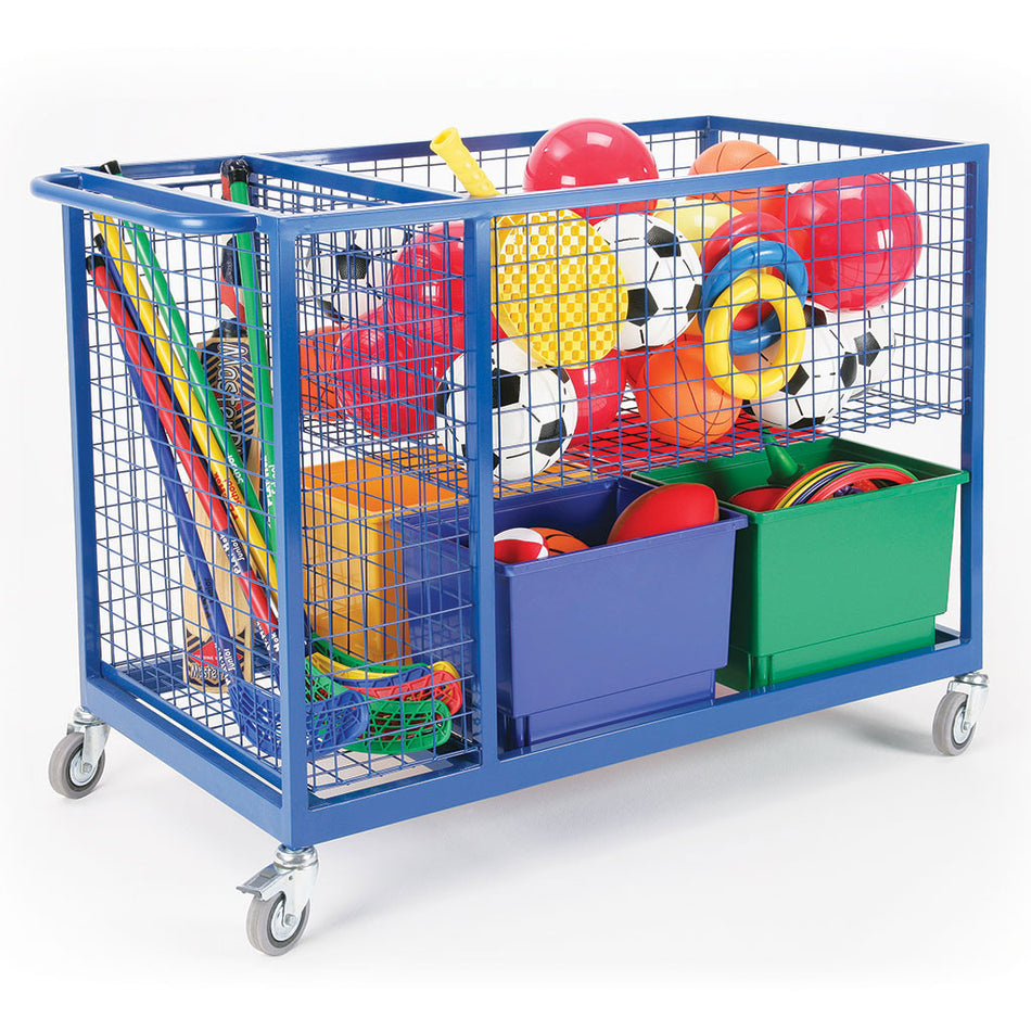 A blue metal storage cart on wheels holds assorted sports equipment, including balls, cones, hoops, rings, skipping ropes, bats, and two green plastic bins filled with items.