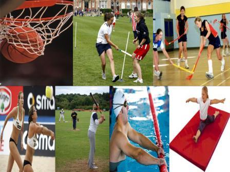A collage of various sports: basketball, field hockey, floorball, beach volleyball, cricket, baseball, swimming, and a young girl doing a split on a red mat.
