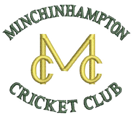 Embroidered logo with green text reading Minchinhampton Cricket Club and yellow intertwined letters MCC in the center.