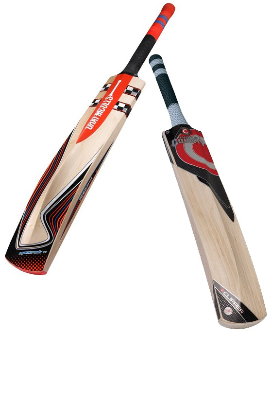 Two wooden cricket bats with colorful designs on their blades and handles, positioned at angles against a white background.