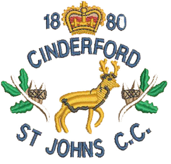 Embroidered logo with a crown, 1880 above, Cinderford St Johns C.C. text, a yellow stag, and green leaves with two white church crowns, representing a cricket club.