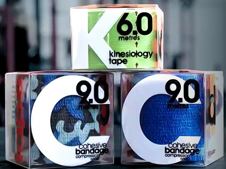 Three boxes of athletic tape are shown: one green 6-metre kinesiology tape on top, and two 9-metre blue and camouflage cohesive bandage tapes on the bottom.