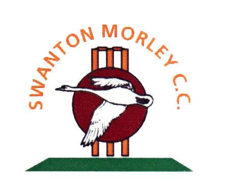 Logo of Swanton Morley C.C. featuring a white bird in flight over a red cricket ball and yellow stumps, with the club name curved above and a green strip below.