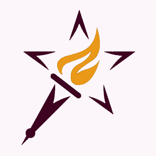 A stylized illustration of a dark maroon star with a gold torch and flame overlaid, where the torch handle forms part of the star’s lower left point. The background is light.
