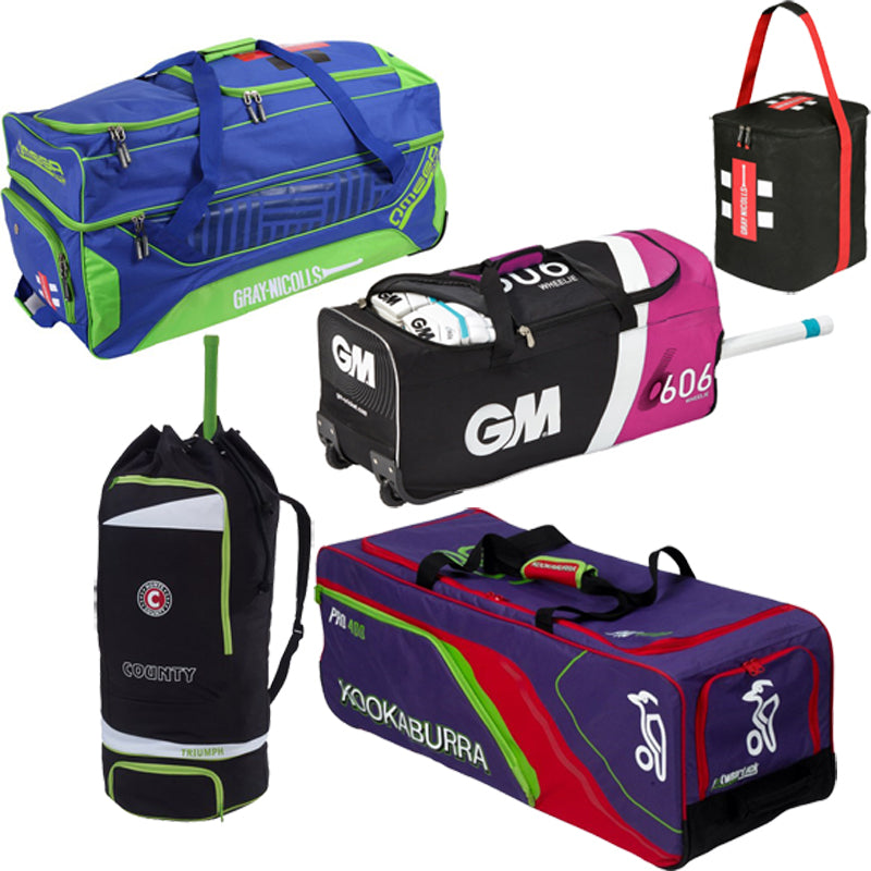 Five colorful cricket kit bags of various shapes and sizes, including duffel and rectangular styles, arranged on a white background, each with different brand logos and designs.