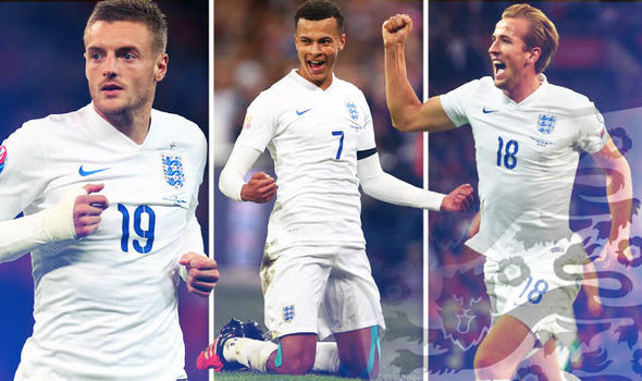 Three England soccer players in white uniforms celebrate during a match, each shown in action poses with joyful expressions, wearing shirts with numbers 19, 7, and 18.