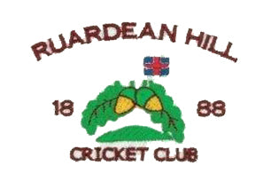 Ruardean Hill Cricket Club logo with two acorns on green leaves, a small flag above, and the year 1888 split on either side.