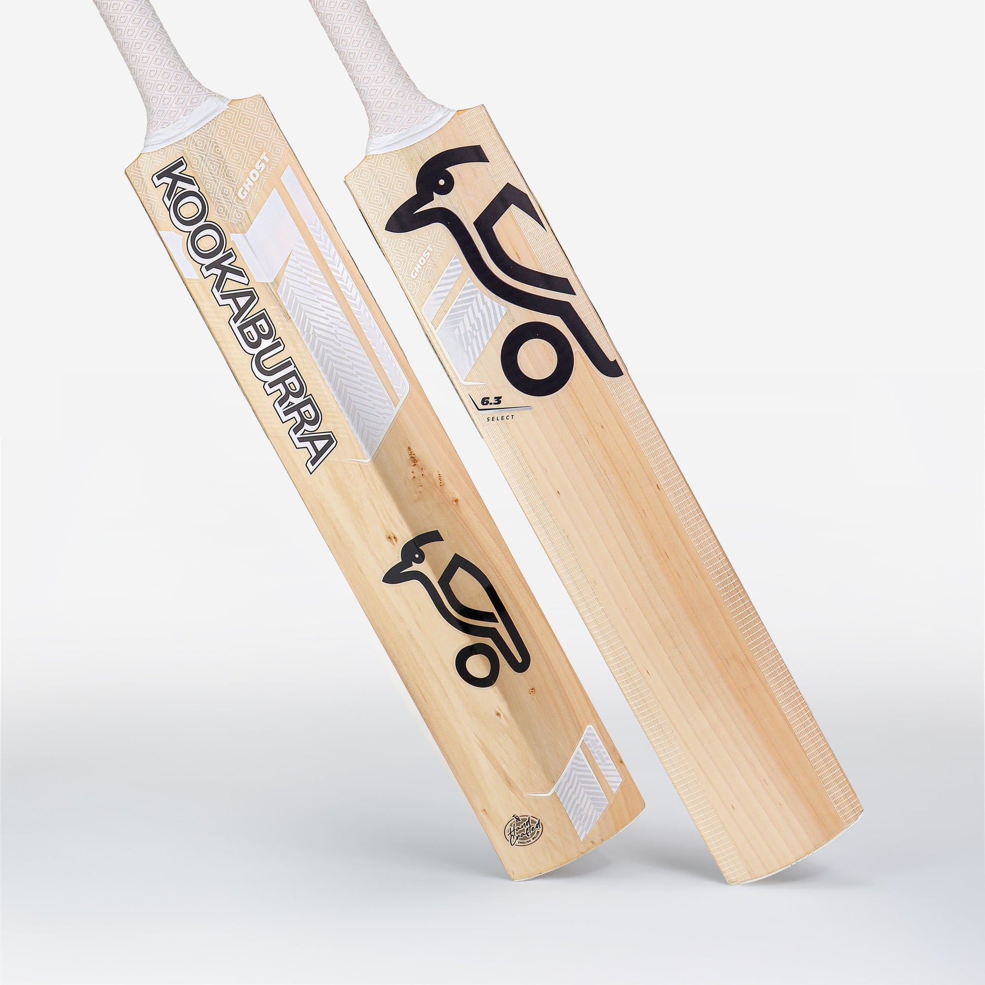 Two lightweight Kookaburra Ghost 6.3 Select Junior Cricket Bats 2026 with a light wood finish, white handles, and black Kookaburra logo branding on the front and side, displayed against a plain white background.