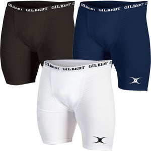 Three pairs of mens compression shorts in black, navy blue, and white, each with GILBERT on the waistband and a logo on the left leg.