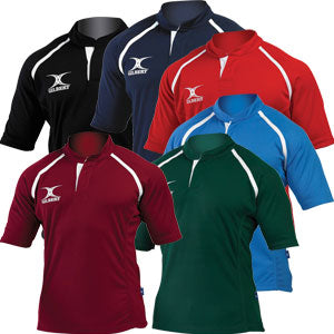 Six short-sleeve sports jerseys in black, navy, red, maroon, green, and blue, each with white accents and a logo on the chest, displayed against a white background.
