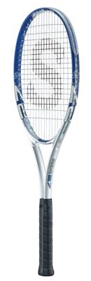 A blue and silver tennis racket with black grip, photographed upright against a white background.
