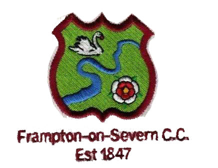 Embroidered badge with a swan, a river, and a flower on a green shield. Text below reads Frampton-on-Severn C.C. Est 1847.