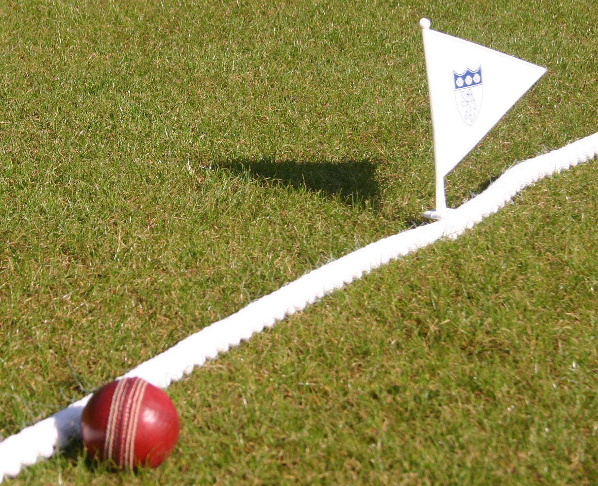 A red cricket ball lies on green grass next to a white boundary rope and a small white flag with an emblem, marking the edge of a cricket field.