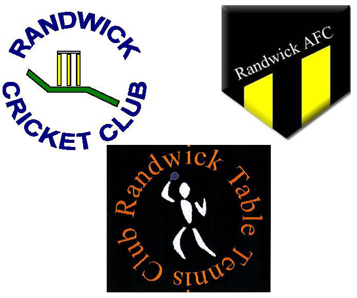 Three logos: top left is Randwick Cricket Club with stumps and a field, top right is Randwick AFC with black and yellow shield, bottom is Randwick Table Tennis Club with a figure playing table tennis.