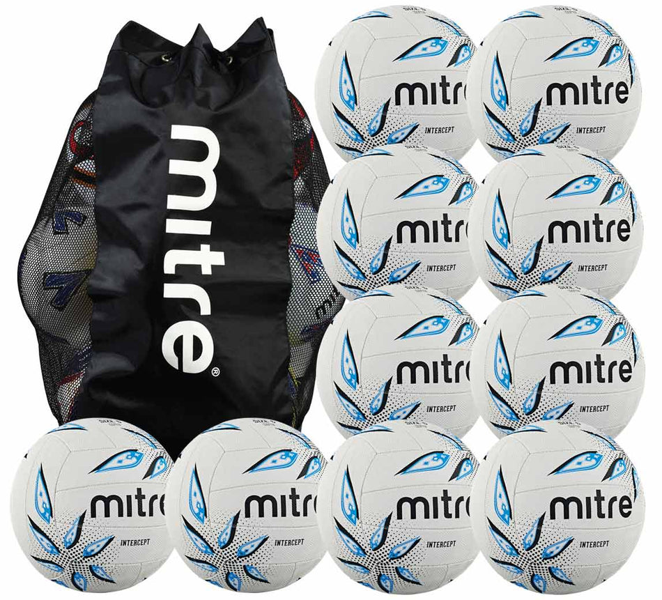 Twelve white and blue Mitre soccer balls are arranged beside a black Mitre-branded mesh bag for carrying balls.