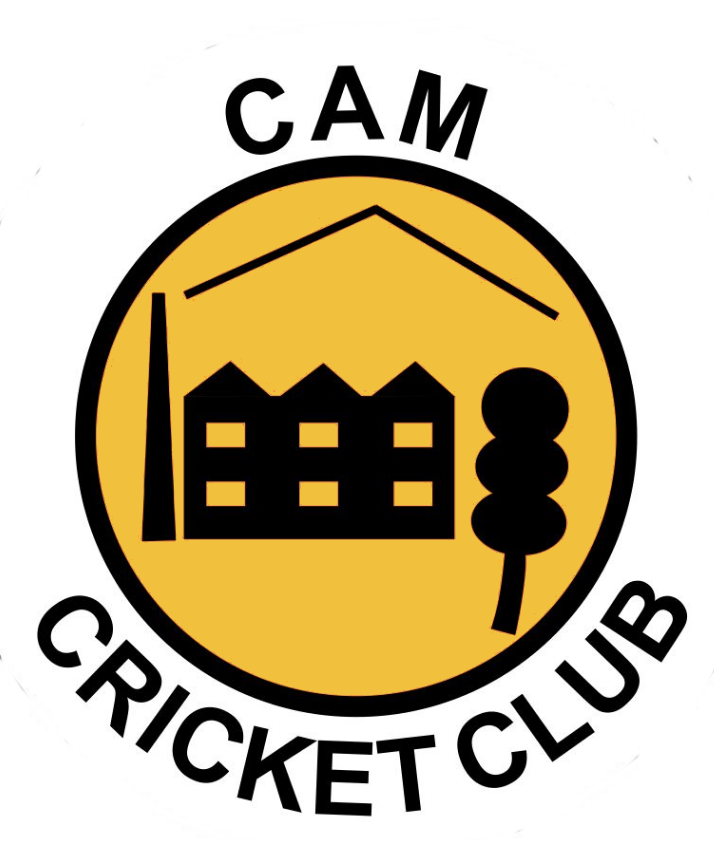 A circular yellow logo for Cam Cricket Club, featuring black silhouettes of a factory, tree, and roof, with the club name written around the outer edge.