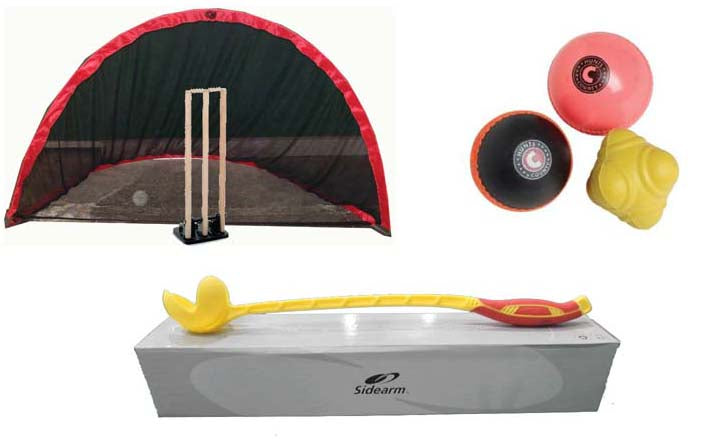 A portable cricket set including a pop-up net with wooden stumps, two training balls, a yellow sidearm thrower, and a Sidearm box.