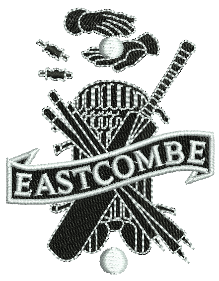 Embroidered patch with crossed cricket bats, stumps, pads, glove catching a ball, and the word EASTCOMBE on a banner in front.