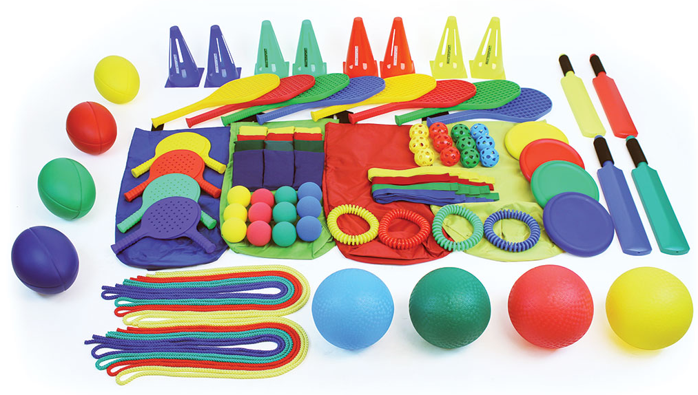 A colorful assortment of playground and sports equipment, including balls, cones, rackets, bats, jump ropes, and hoops, all neatly arranged on a white background.