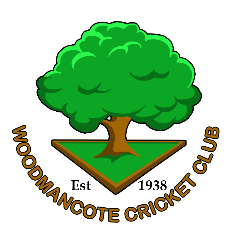 Logo of Woodmancote Cricket Club showing a large green tree on a triangular patch of grass, with WOODMANCOTE CRICKET CLUB curved around it and Est 1938 below.