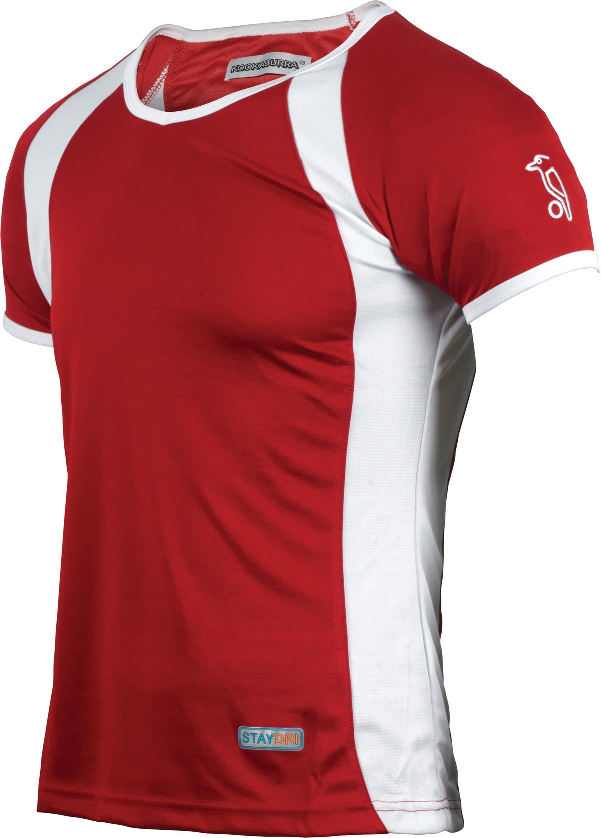 Red and white short-sleeve athletic shirt with a logo on the left sleeve and a STAYDRI label near the bottom hem, displayed on a plain background.