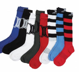 A set of seven pairs of socks in various colors and patterns, including solid blue, black, white, green, red, and striped designs in black and white, black and blue, and black and red.