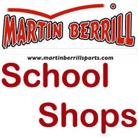 Logo with the text Martin Berrill in red, “www.martinberrillsports.com” below, and large red words School Shops underneath.