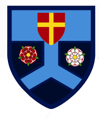 A blue shield with a light blue chevron, featuring a red and yellow cross shield at the top and red and white Tudor roses on either side below it.