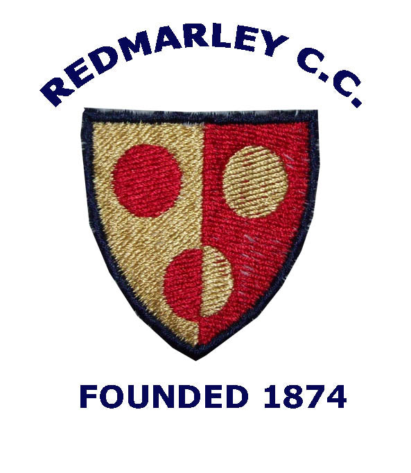 Shield-shaped logo split gold and red with large and small circles, text above reads REDMARLEY C.C. and below FOUNDED 1874.