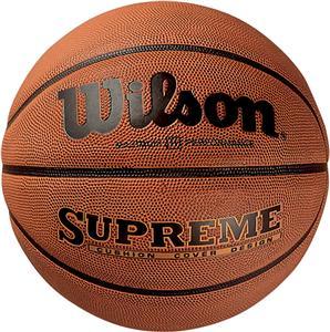 A close-up of a Wilson Supreme basketball, featuring a textured orange-brown surface with black lines and bold black branding for Wilson and Supreme.
