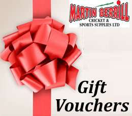 A large red bow with a ribbon on a light background. The Martin Berrill Cricket & Sports Supplies Ltd logo appears above the words Gift Vouchers in bold black letters.