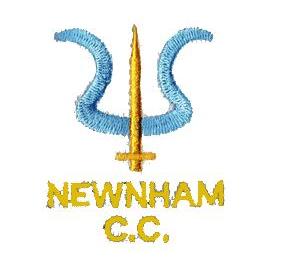 Embroidered logo with a gold sword and two blue curved shapes above yellow text reading NEWNHAM C.C. on a white background.