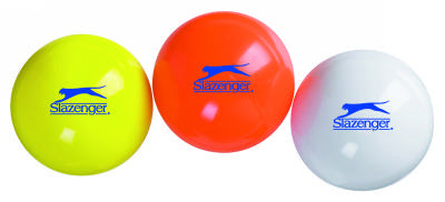 Three Slazenger sports balls in yellow, orange, and white, each with a blue logo featuring a leaping panther and the brand name printed on the front.