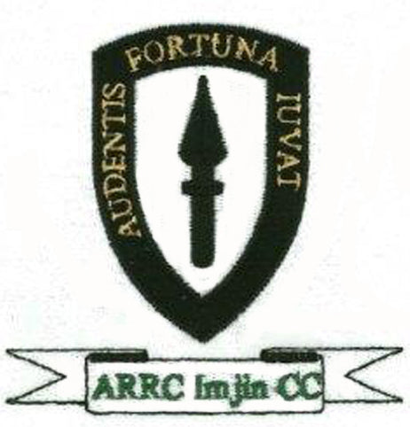 A black shield with a spearhead in the center, surrounded by the Latin words AUDENTIS FORTUNA IUVAT. Below is a ribbon with the text ARRC Imjin OC.