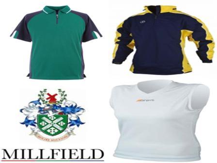 Three different sports tops (a green polo, a navy and yellow jacket, and a white sleeveless shirt) are shown above the Millfield School crest and the word MILLFIELD.