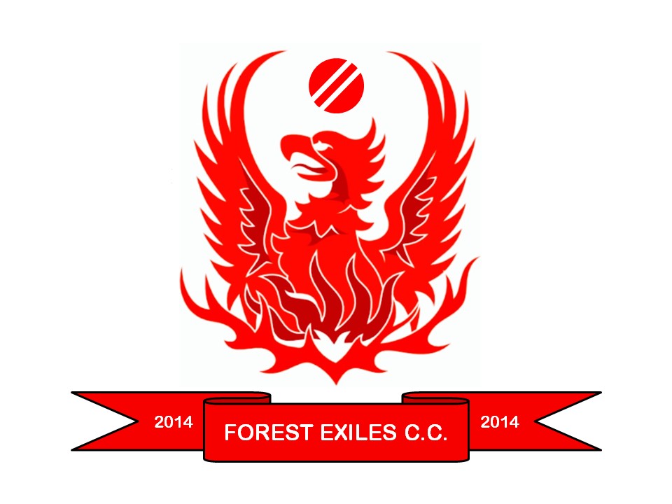 A red phoenix with a cricket ball above its head. Below, a red ribbon reads FOREST EXILES C.C. with 2014 on each end. The image is on a white background.