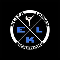 Logo for Elite Ladies Kickboxing. The initials ELK are in blue inside a white circle divided by black lines. A white silhouette of a woman kicking appears at the top. Black background.
