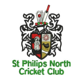 Embroidered crest featuring a shield with a figure, bird, and cricket ball; stumps and bat above, with St Philips North Cricket Club in green text below.