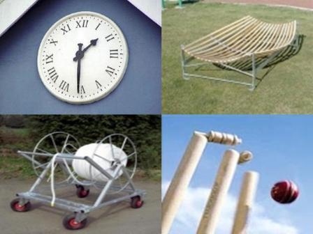 A collage of four images: a clock, a wooden bench, a cricket pitch roller, and cricket stumps with bails being knocked off by a ball.