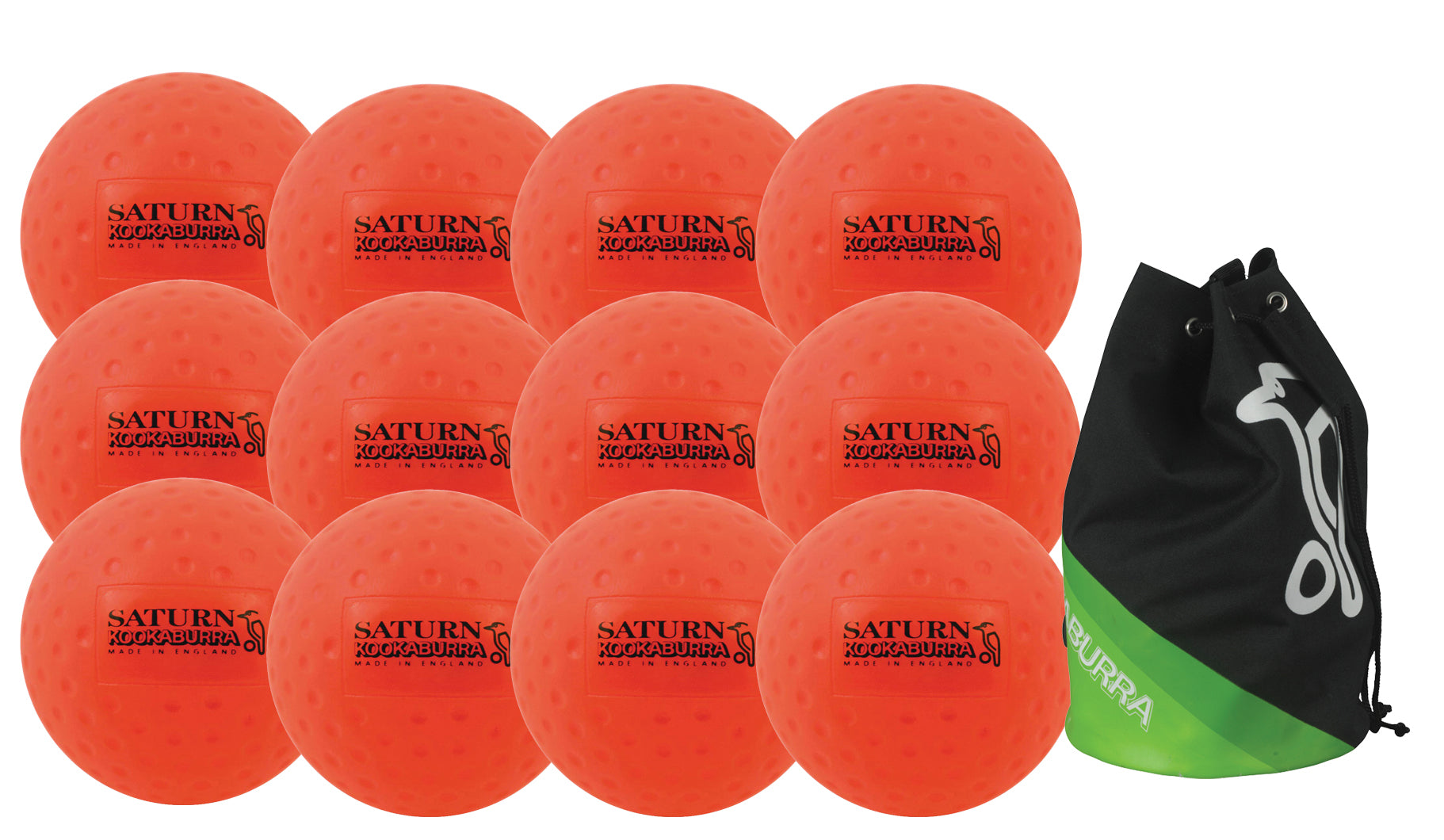 Twelve orange Saturn Kookaburra field hockey balls with small dimples are arranged in rows next to a black and green carrying bag.