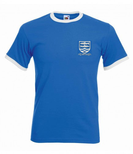 Blue short-sleeved t-shirt with white collar and sleeve trim, featuring a small white crest with three fish and text on the left chest.