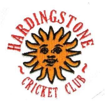 A yellow sun with a face is in the center, surrounded by red text that reads HARDINGSTONE CRICKET CLUB in a circular layout.