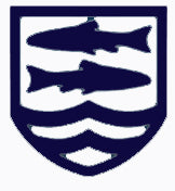A dark blue shield with two fish silhouettes near the top and three wavy lines at the bottom, all against a white background.