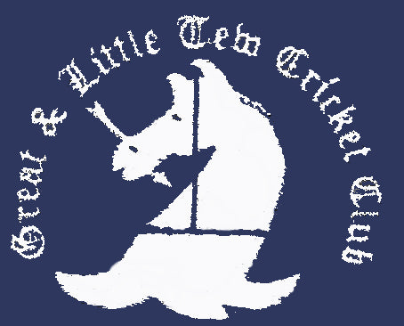 Logo for Great & Little Tew Cricket Club, featuring a stylized white rhinoceros with a sail, surrounded by the clubs name in decorative white text on a navy blue background.