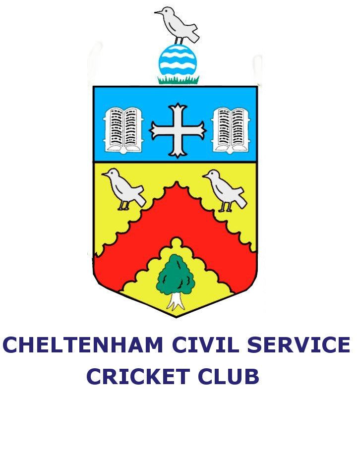 A crest featuring birds, a book, a cross, wavy lines, and a tree, with Cheltenham Civil Service Cricket Club written below in bold, blue letters.