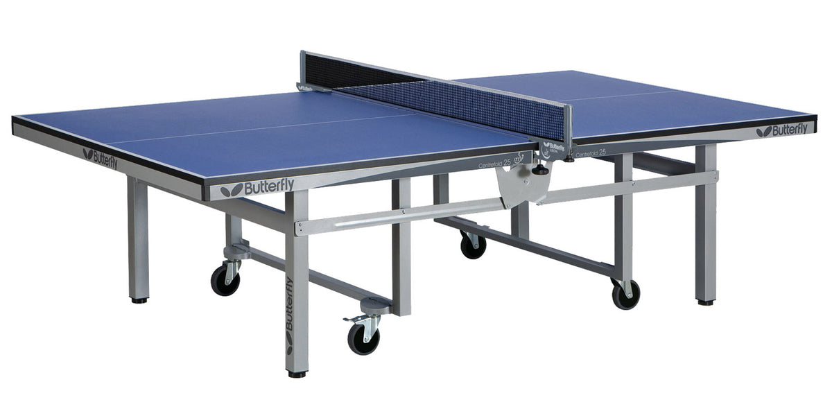 A blue Butterfly brand table tennis table with a black net, silver frame, and wheels on each leg for mobility, shown against a white background.