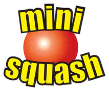 Logo featuring a red-orange squash ball in the center, with the words mini above and squash below in bold, yellow letters outlined in black.