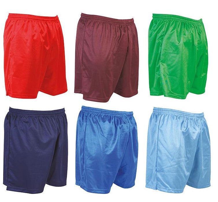 Six pairs of athletic shorts in different colors—red, maroon, green, navy blue, royal blue, and light blue—are displayed in two rows on a white background.