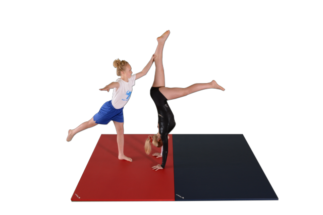 Two children practice gymnastics on colored mats; one in a blue outfit balances on one leg, while the other in a black leotard performs a handstand on the mat.