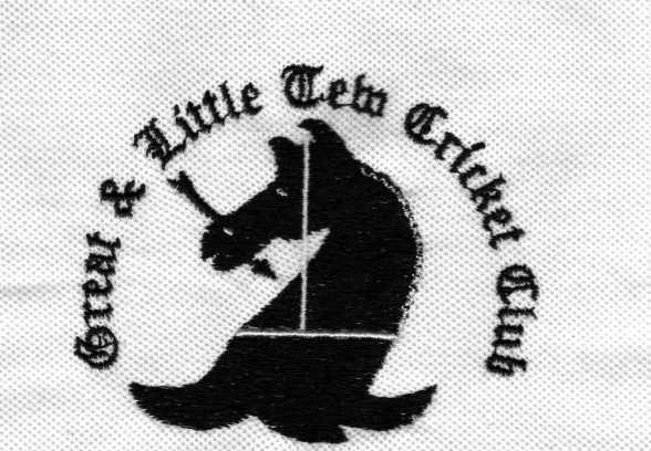 Black embroidered emblem of a horse’s head with a cricket bat, surrounded by the curved text “Great & Little Tew Cricket Club” on a white textured background.